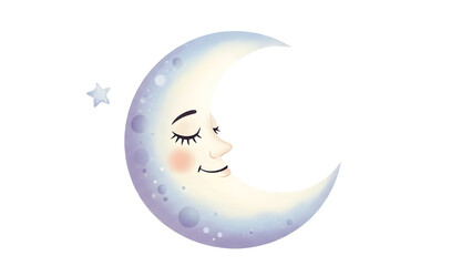 Cute crescent moon character with sleeping face, watercolor style illustration of a peaceful moon with a small star on a gray background.
