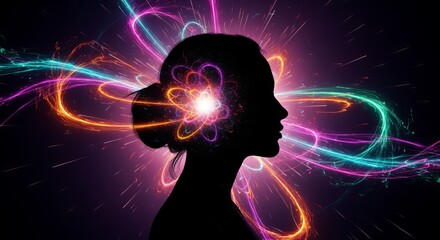 Woman Silhouette With Glowing Brain Energy and Colorful Light Trails