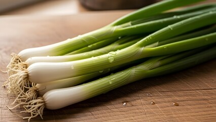Fresh green onions with white roots on a wooden cutting board, bunch of raw scallions with water droplets for healthy cooking ingredients.