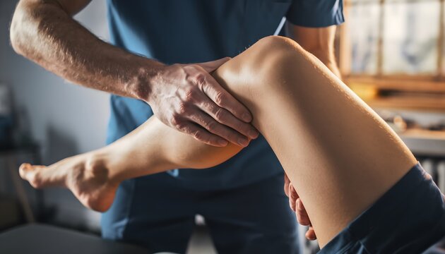 Skilled physical therapist meticulously examining a patient's leg and knee joint, focusing on rehabilitation and health