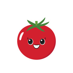 Smiling cute tomato, fun cartoon character, happy face, emotions joy delight, big eyes, kawaii style, flat vector illustration.