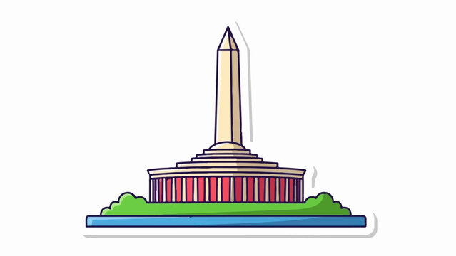 A stylized monument with a tall obelisk atop a circular base with columns, surrounded by greenery and a blue border