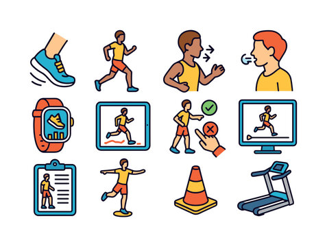 Running Technique Icons. Running Technique. Colorful isometric vector icons set of Running Technique: midfoot strike, proper posture, arm swing, breathing