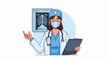 A female doctor with a stethoscope and mask reviews an X-ray