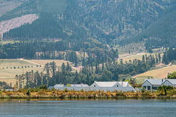 Lake in front of modern houses with mountains and vineyards in background. Natural landscape for...