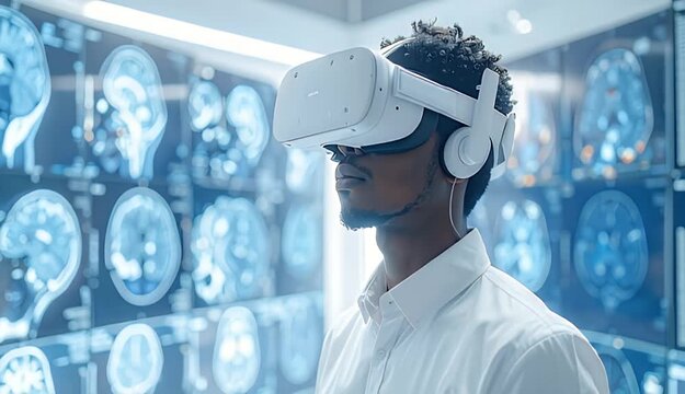 Man Wearing Virtual Reality Headset Explores Futuristic Brain Scans in High Tech Laboratory