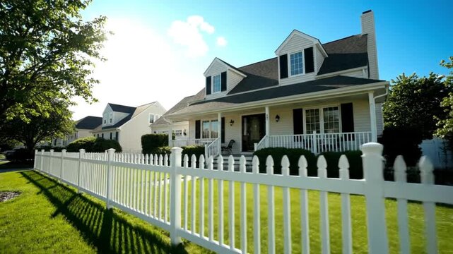 Classic suburban home with white picket fence on a sunny day