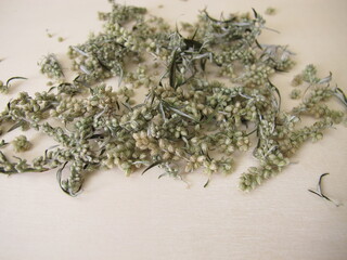 Dried Mugwort on a wooden background