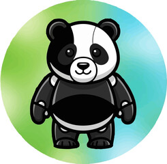 Cartoon panda standing with black and white markings against a green and blue gradient