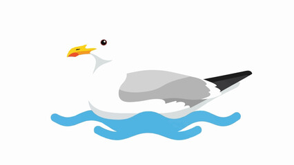 Fototapeta premium A stylized seagull floats on blue water waves, its white and grey body contrasting with its yellow beak