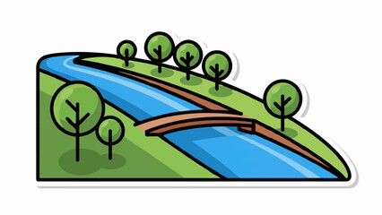A simplified park scene with a winding river, a wooden bridge, and stylized trees