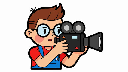Cartoon child with glasses films with a vintage movie camera