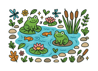 Whimsical Pond Scene. Garden Pond. Colorful Hand-drawn doodle Children illustration Garden Pond water lilies, pond stones, fish, reeds, frogs,