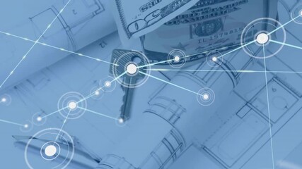 Animation of network of connections and dollar bills over architect's drawings - Powered by Adobe