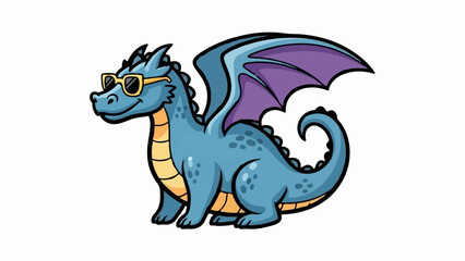 Naklejka premium A cool blue dragon with purple wings and yellow sunglasses sits on a white background