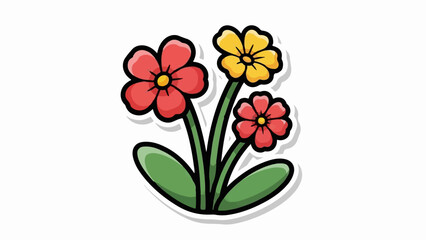 Obraz premium Simple cartoon depiction of three colorful flowers with green stems and leaves
