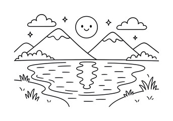 Mountain Lake Coloring. Mountain lake glow children?s coloring book illustration, outlined drawing, moon reflection stretching across a lake between simple