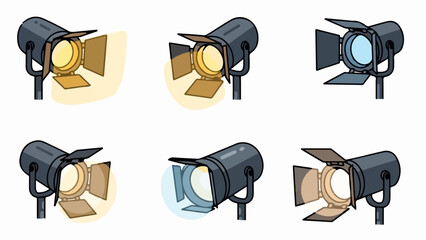 Six cartoon stage lights emit yellow and blue beams, with adjustable barn doors