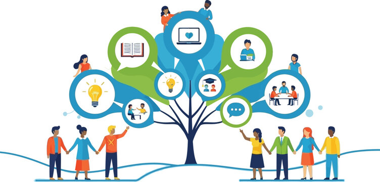 Visual representation of a digital learning tree concept showing diverse people interacting with symbols for knowledge collaboration innovation and education outcomes