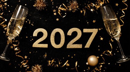 Glittering gold 2027 numerals with champagne flutes and festive decor on black for New Year promotion