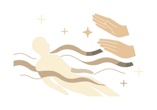 Healing Sonic Waves. Sound-driven healing. Hands directing warm sonic energy toward a body outline; waves gently wrapping around. Floating plus symbols and