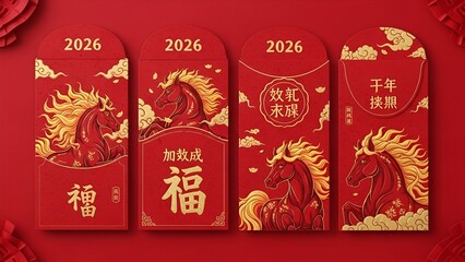 Premium 2026 Lunar New Year Red Envelopes Collection, Fire Horse Zodiac Angpao with Gold Foil and Embossed Details.