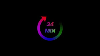 Colorful timer with rainbow gradient arc and red arrow pointing downwards 34 minutes countdown on black background
