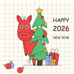 Happy 2026 Chinese New Year vector greeting card cover design. Cute hand drawn red horse xmas tree and holiday typography. Perfect 2026 Chinese New Year greeting card poster cover print. EPS 10