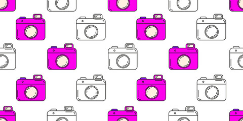 Hand drawn photo camera seamless pattern. Vector illustration pink doll photo camera seamless pattern isolated white backgroun. Perfect girly room wall decor wallpaper fabric printing design. EPS 10