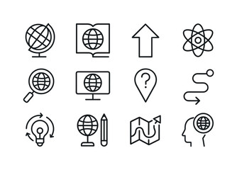 Education Line Icons. Spinning world ? Education & Learning. Line icon set of Spinning world ? Education & Learning: globe on stand, book with Earth, learning
