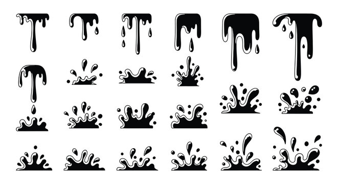 Black liquid splashes and drips a collection of fluid motion illustrations