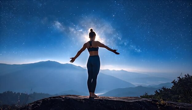 Meditating Woman On Mountaintop Under Starry Night Sky With Milky Way Galaxy