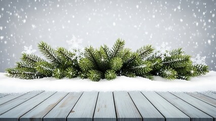 Snowy Pine Branches on Weathered Wooden Deck with Falling Snow snowfall winter