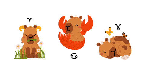 Obraz premium Capybara zodiac signs kawaii vector set, cute cartoon astrology animals clipart. Horoscope symbols collection, flat EPS10 illustration for stickers, prints and social media