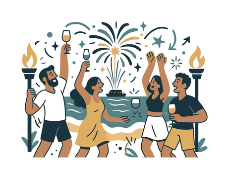 Ocean Fireworks Celebration. Ocean fireworks. Fireworks rise from a floating barge at sea, painting waves with radiant light. Beachgoers cheer and toast under