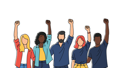 Diverse group of young people raising their fists in solidarity, protest, or celebration in a simple line art illustration style.