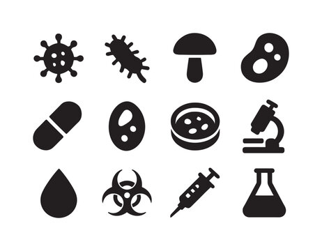 Pathogens Icon Set. Pathogens. Solid icon set of Pathogens: virus, bacteria, fungus, protozoa, capsule, spore, petri dish, microscope, droplet, biohazard sign,