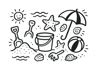 Illustrated Beach Toys. Beach toys. Hand-drawn doodle illustration Beach toys shovel, bucket, rake, sand mold, starfish shape, seashell, tiny waves, beach