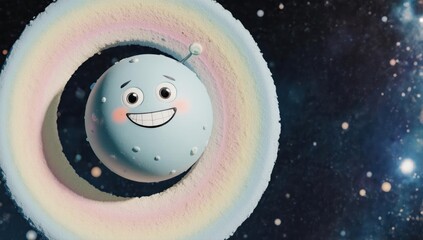 Smiling planet with a rainbow ring in starry space