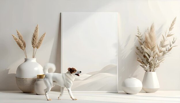 Minimalist Boho Interior Scene With Dried Flowers and Blank Canvas Neutral Tones Soft Sunlight