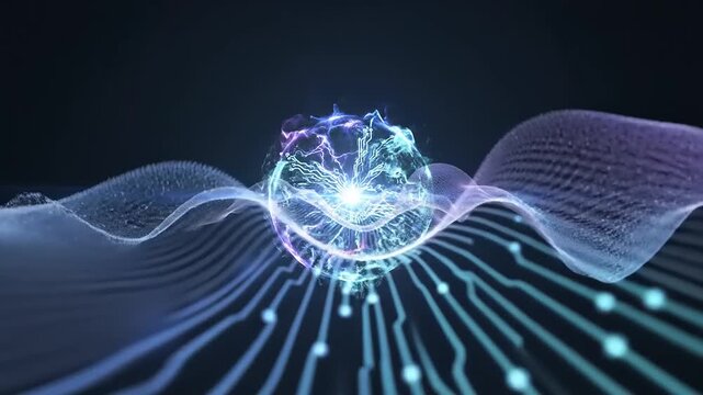 Abstract digital intelligence core radiating data waves and neural pathways