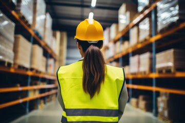 Woman worker wearing safety vest and hard hat, overseeing warehouse logistics