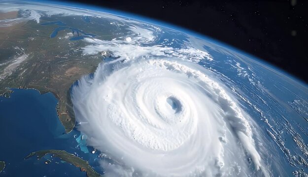 Massive Hurricane Swirling Over Ocean Near Coastline With City Lights Visible From Space