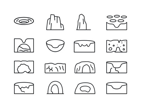 Karst Relief Icons. Karst relief. Line icon set of Karst relief: sinkhole, limestone cliff, karst tower, cave entrance, underground river, doline depression,