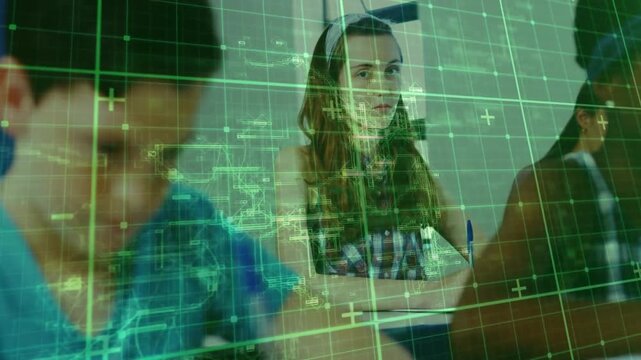 Three students writing and reading in classroom, with green holographic grid and technical diagrams