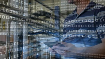 Technician tapping tablet in data center, swiping screens and checking binary overlay status - Powered by Adobe
