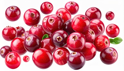 Bright red, ripe berries piled together. Some with leaves