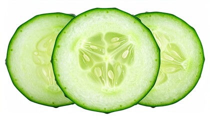 Three transparent cucumber slices, vibrant green, isolated