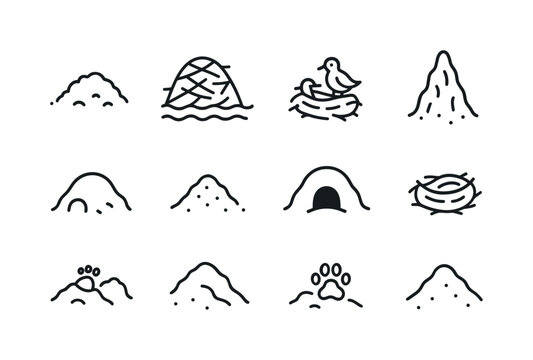 Animal Mound Icons. Animal-made mounds. Line icon set of Animal-made mounds: molehill, beaver mound, bird mound, termite mound, rodent mound, insect soil pile,