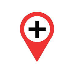 Obraz premium Red map pin icon with black medical cross inside